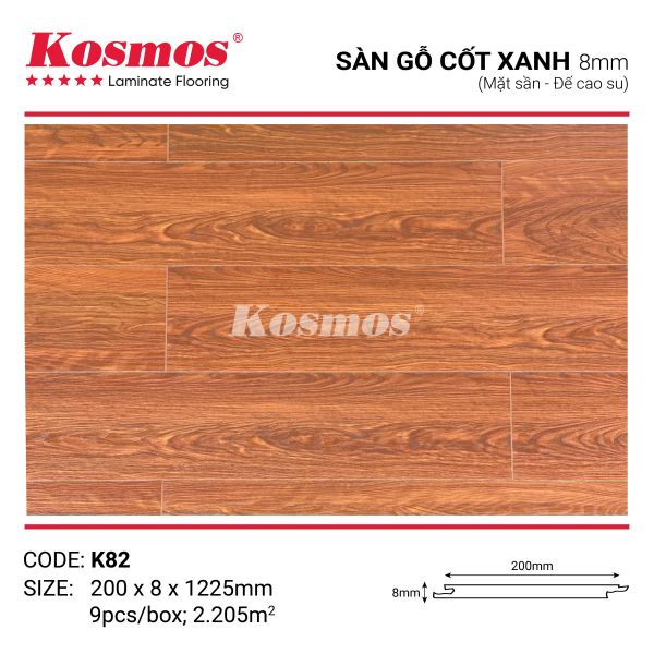 Bề mặt sần của sàn gỗ Kosmos K82 8mm chống trầy xước và dễ lau chùi