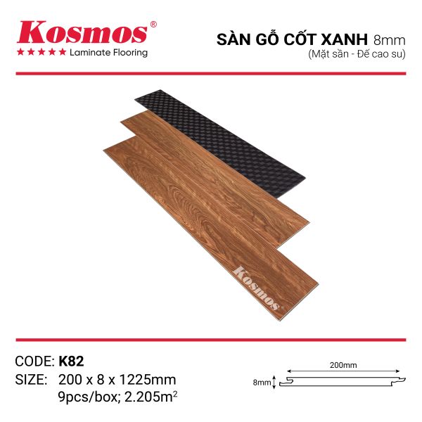 Sàn gỗ Kosmos 8mm cốt xanh K82 với cốt xanh kháng ẩm và vân gỗ tự nhiên