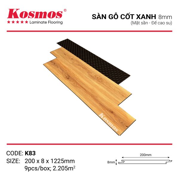 Sàn gỗ Kosmos 8mm cốt xanh K83 với cốt xanh chống ẩm và thiết kế tối giản