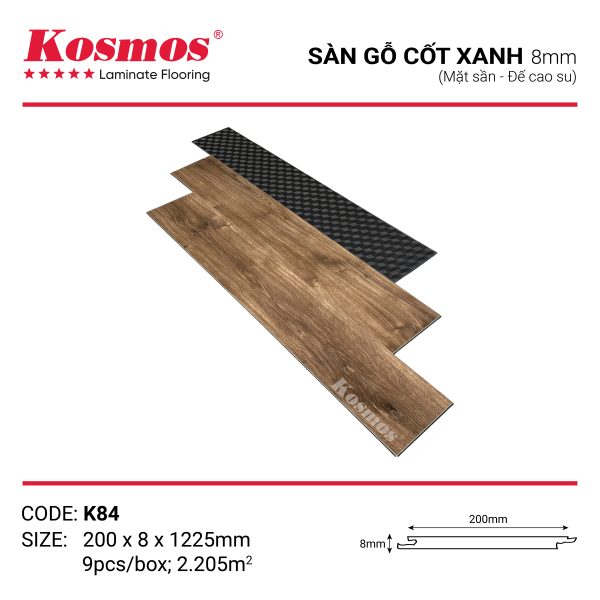 Sàn gỗ Kosmos 8mm cốt xanh K84 với cốt xanh kháng ẩm và thiết kế đẹp mắt